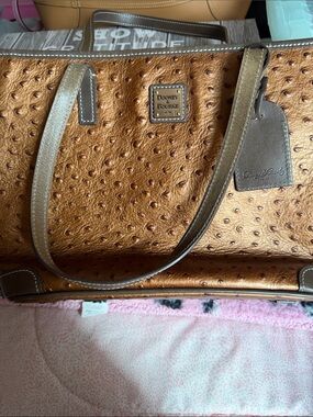 Dooney & Bourke Metallic Bronze Ostrich-Embossed Tote with Brown Accents